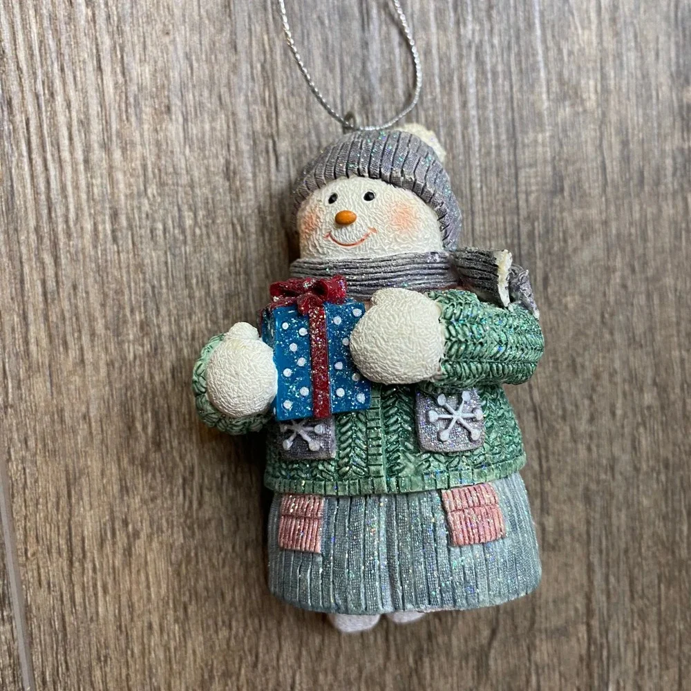 Vintage Style Snowman Girl Bell Ornaments Set of 2 Glitter Knit Sweater Winter